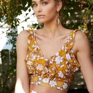Nightwalker Women's Mustard Yellow Floral Ruffle Crop Top Size XS X-Small